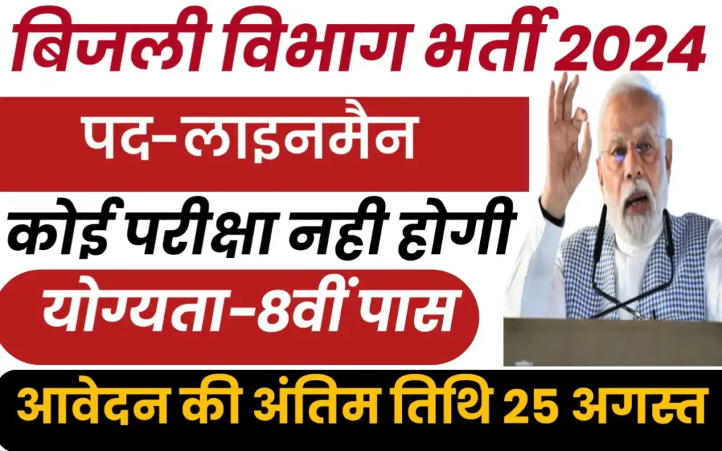 Bijali Vibhag Lineman Vacancy 2024:-बिजली विभाग लाइनमैन 8वीं पास के लिए आवेदन शुरू,यहां से जानें आवेदन की प्रक्रिया?